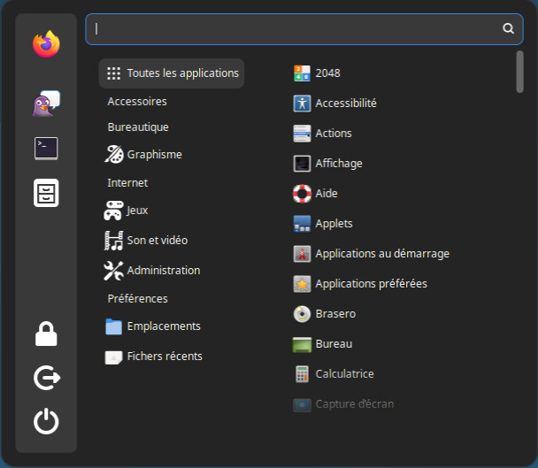 Menu par catégories sur Cinnamon