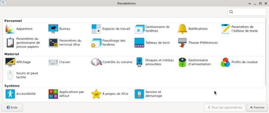 Le gestionnaire de paramètres Xfce sur Debian