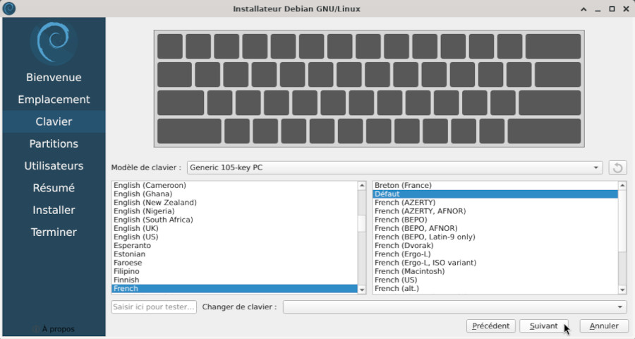 Installateur Calamares : choix du clavier
