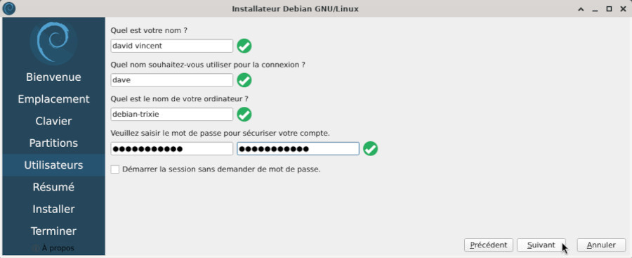 Installateur Calamares : création de l’utilisateur