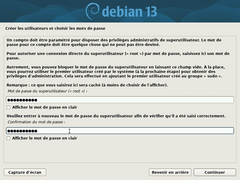Installation : mot de passe administrateur