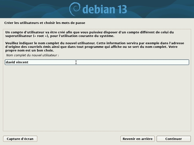 Installation : nom complet de l’utilisateur principal
