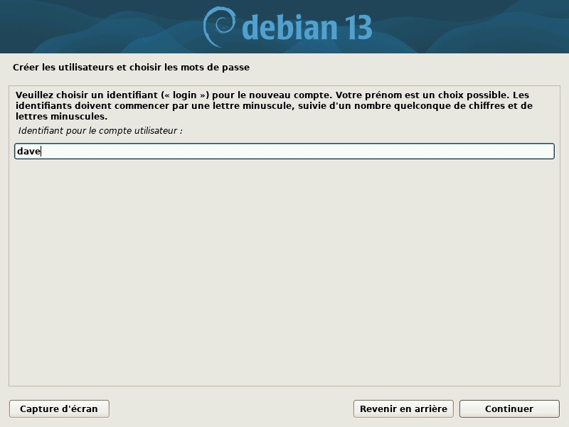 Installation : identifiant de connexion de l’utilisateur principal