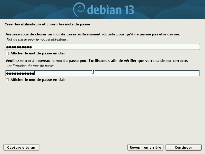 Installation : mot de passe de l’utilisateur principal
