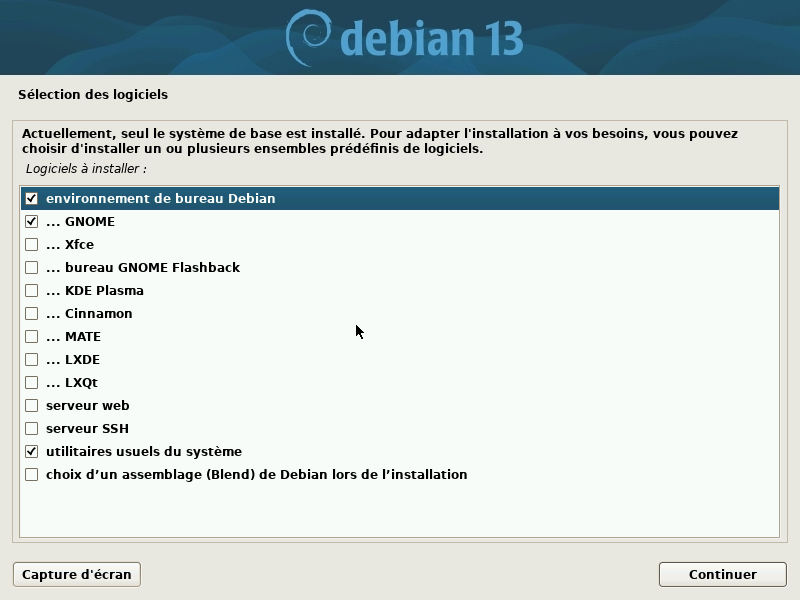Installation : choix des logiciels et du bureau