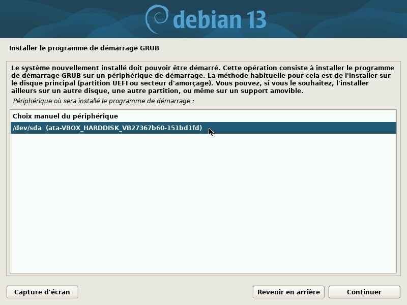 Installation : choix du disque pour GRUB