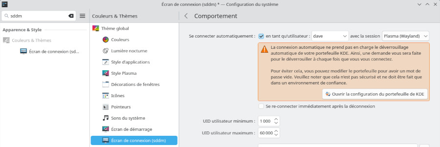 SDDM : interface de configuration