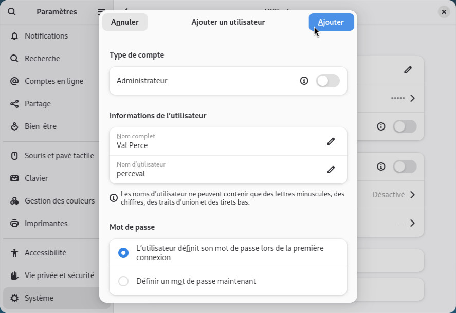 Configuration du nouvel utilisateur