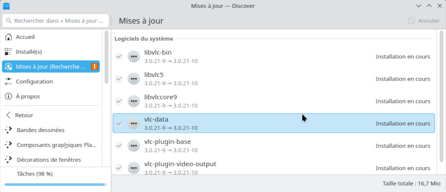 Discover : progression de la mise à jour